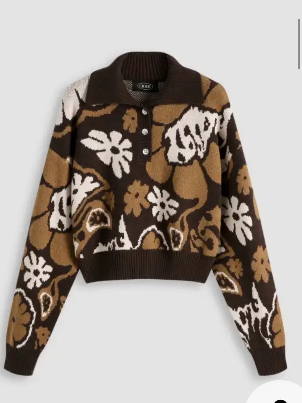 CIDER Dark Brown Floral Polo Knit Sweater! L